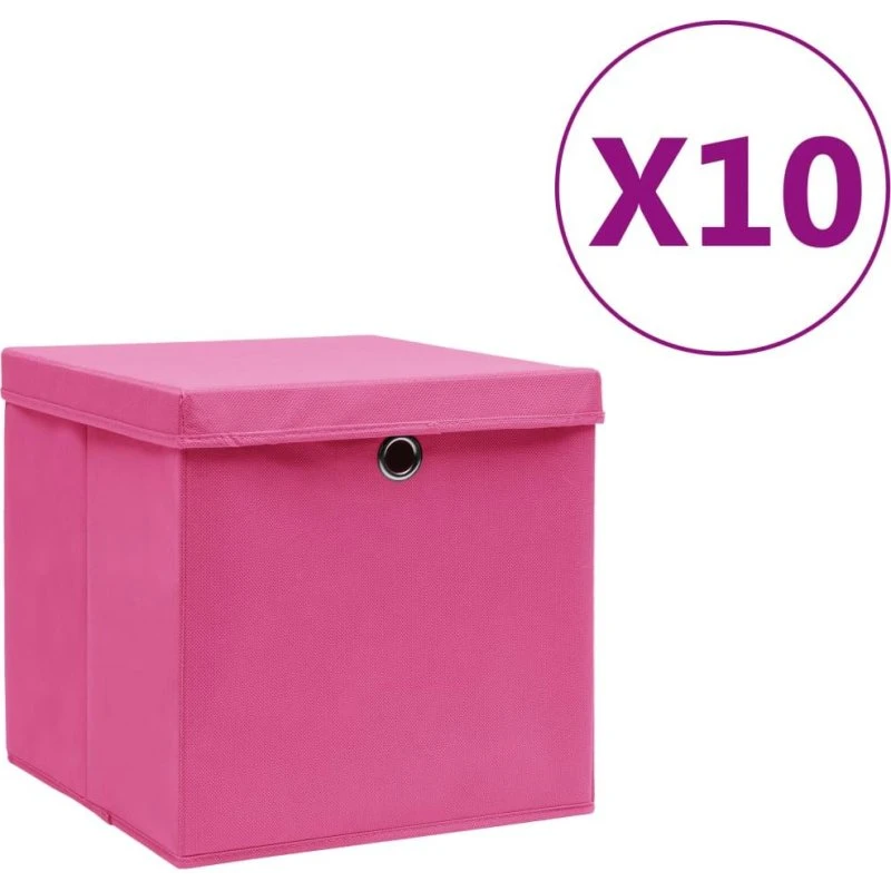 Opbevaringskasser med låg 10 stk. 28x28x28 cm – Pink