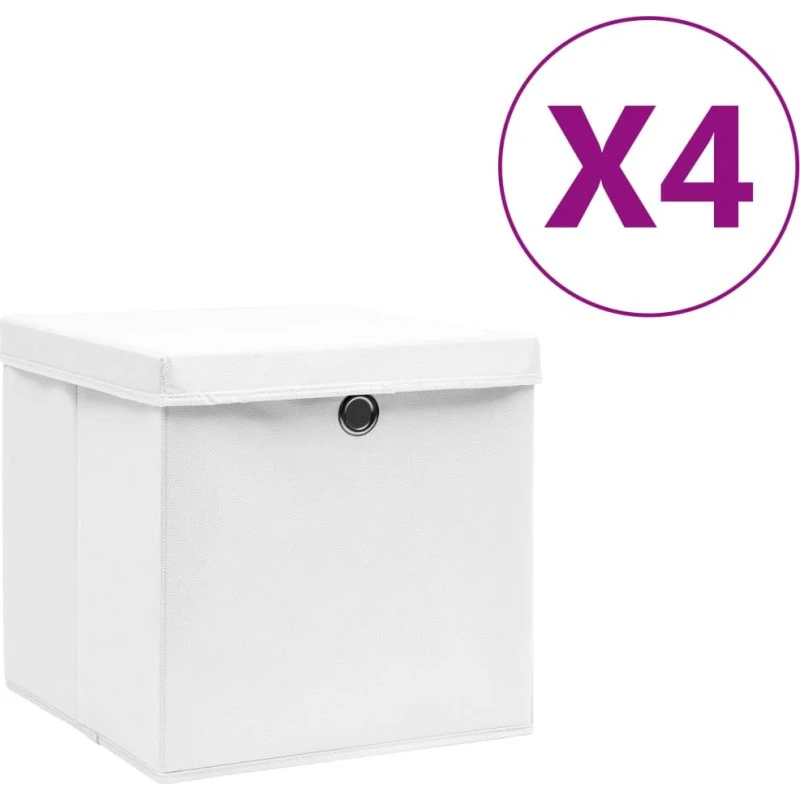 Opbevaringskasser med låg 4 stk 28x28x28 cm – hvid
