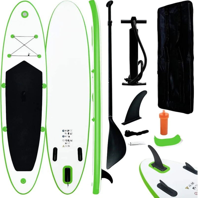 Oppusteligt paddleboard grøn/hvid – stabil SUP med taske