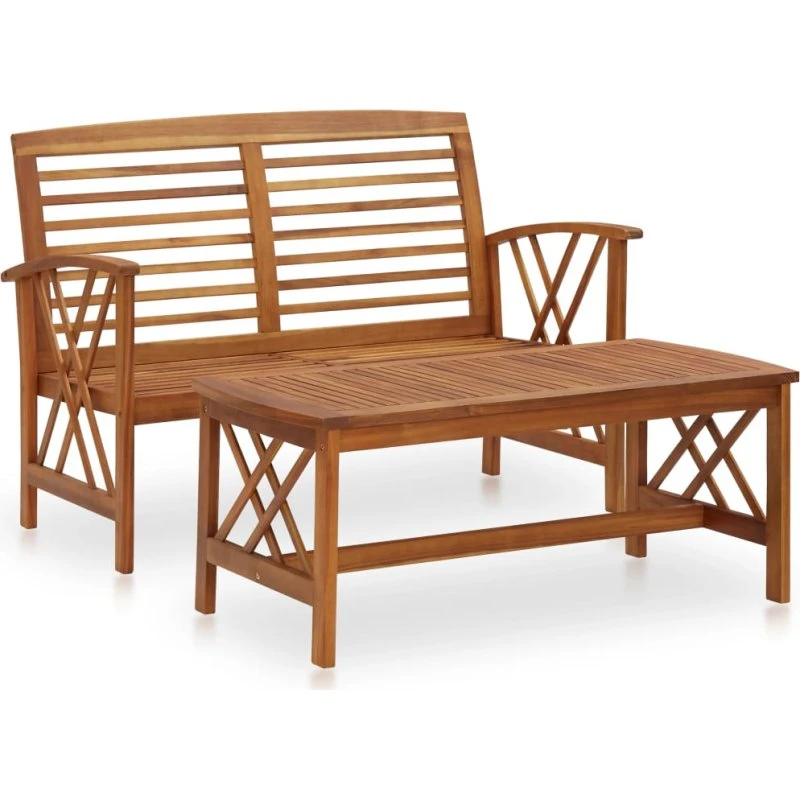 Loungesæt i massiv akacietræ 2 dele – bænk & sofabord