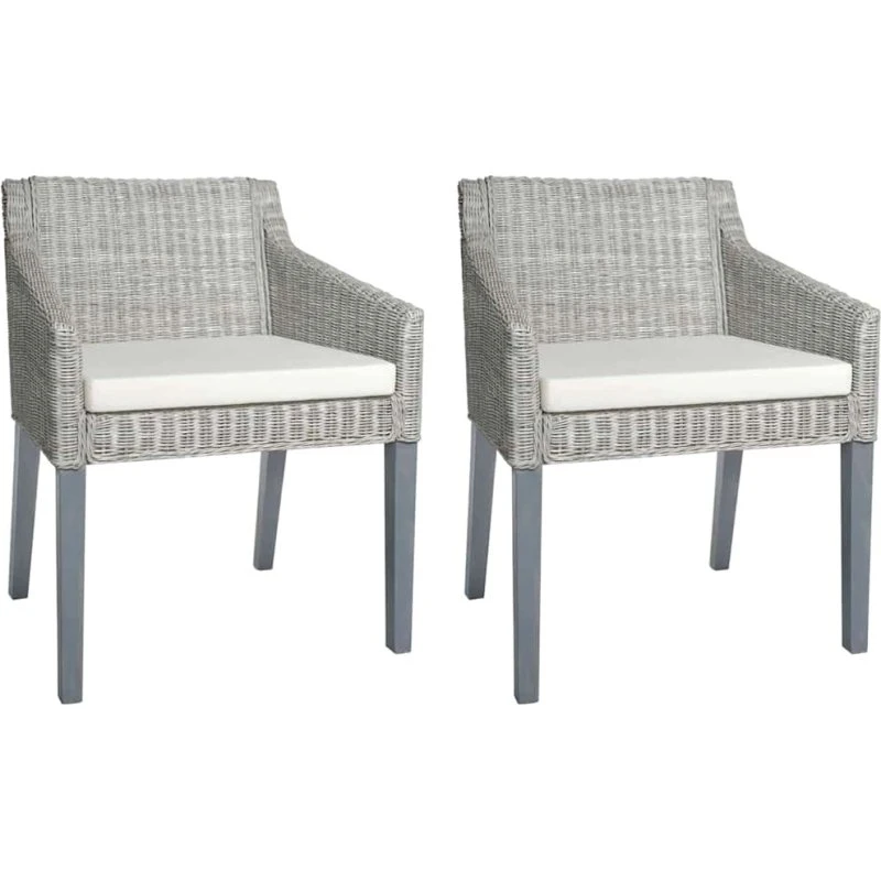 Spisebordsstole i naturlig rattan 2 stk. med grå hynder