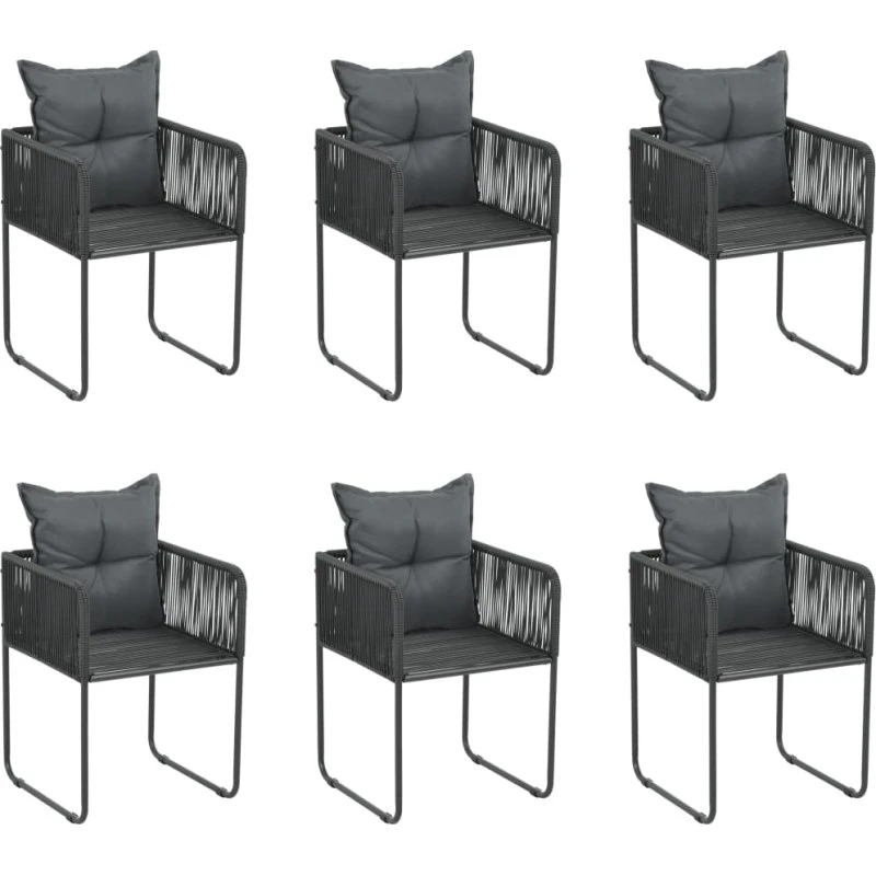 Sæt med 6 havestole i polyrattan med puder, sort