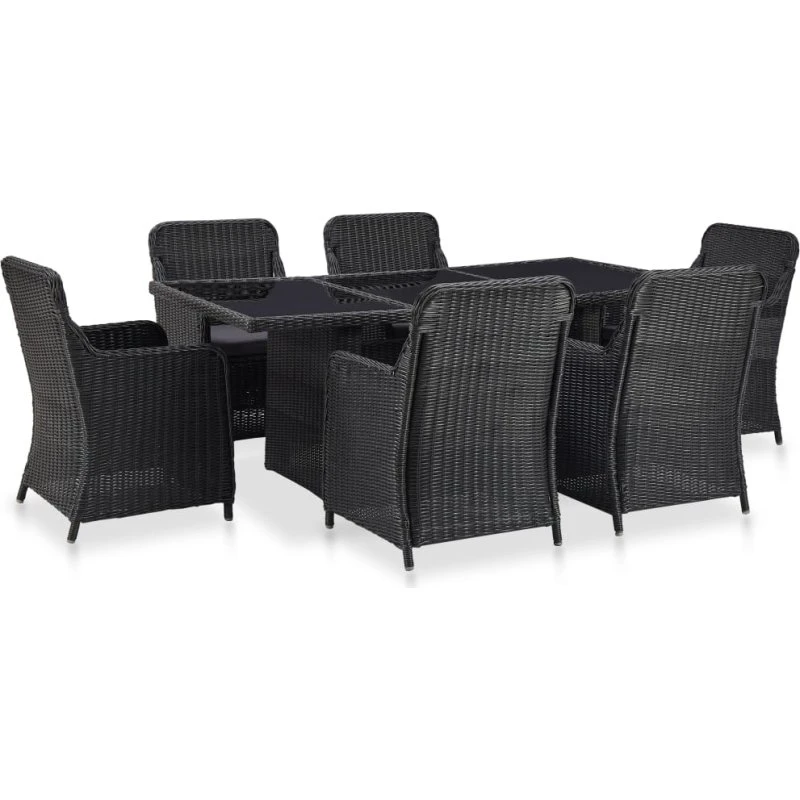 Udendørs spisebordssæt 7 dele i sort polyrattan