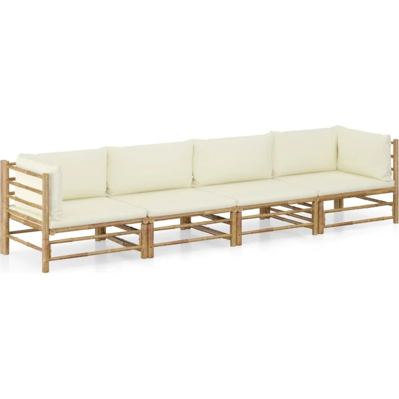 Loungesæt i bambus 4 dele med cremehvide hynder