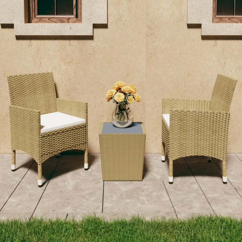 Bistrosæt 3 dele i beige polyrattan med hærdet glas