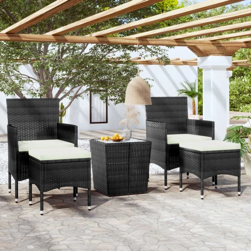 Bistrosæt 5 dele sort polyrattan med hærdet glas