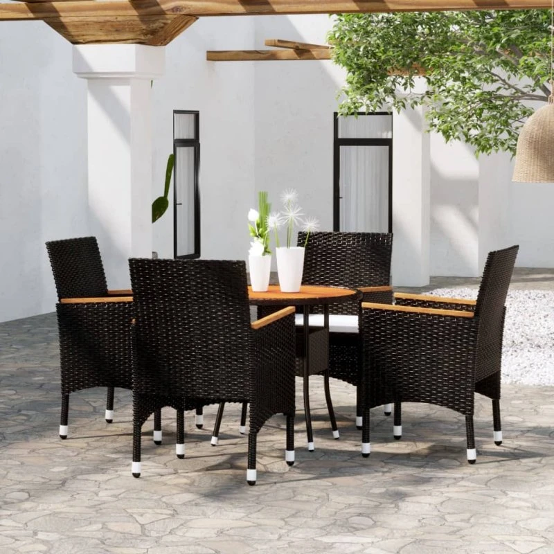 Havemøbelsæt 5 dele i sort polyrattan og akacietræ