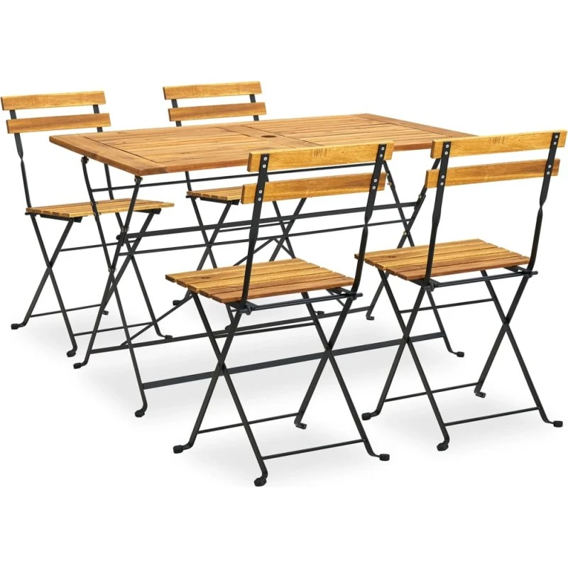 Udendørs spisebordssæt i massiv akacietræ, 5 dele, foldbart