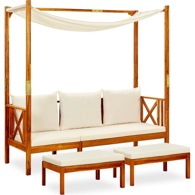 Havebænk i massivt akacietræ med baldakin og 2 fodskamler