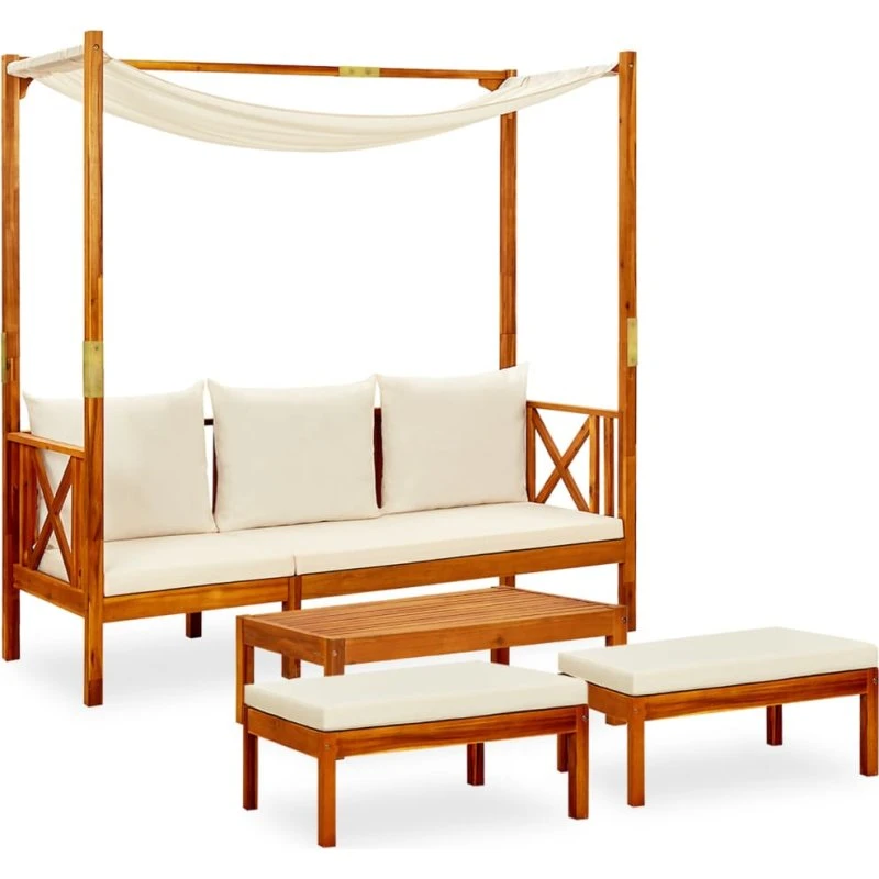 Havebænk sæt i massivt akacietræ med bord og fodskamler