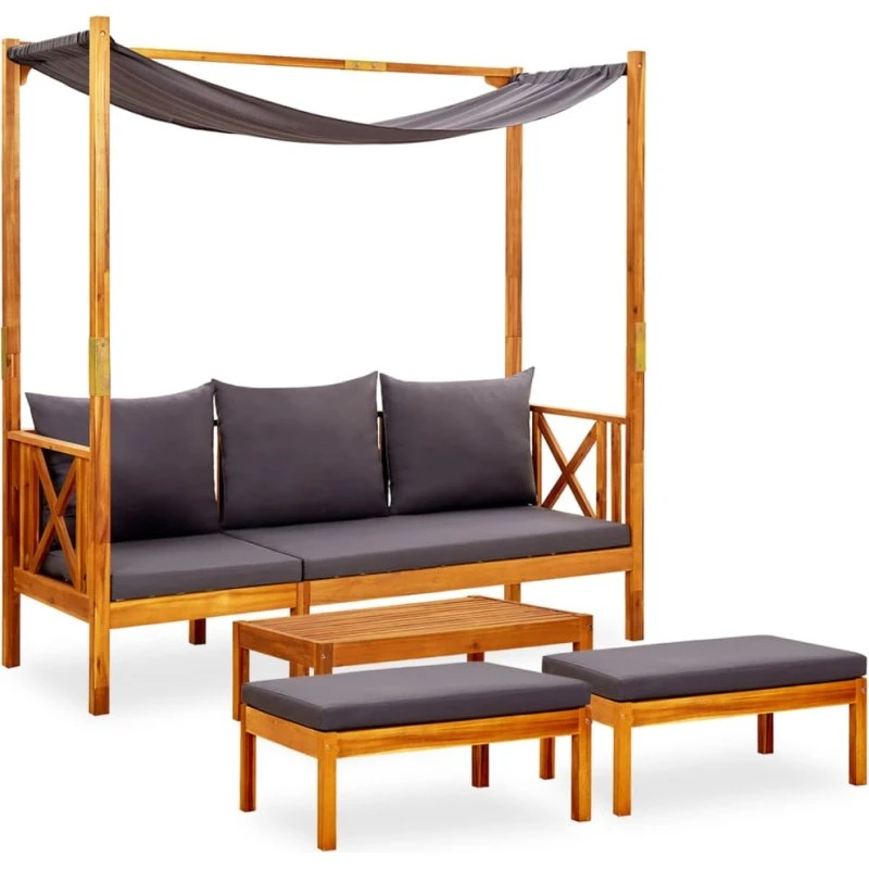 Havebænk sæt i massivt akacietræ med bord & fodskamler