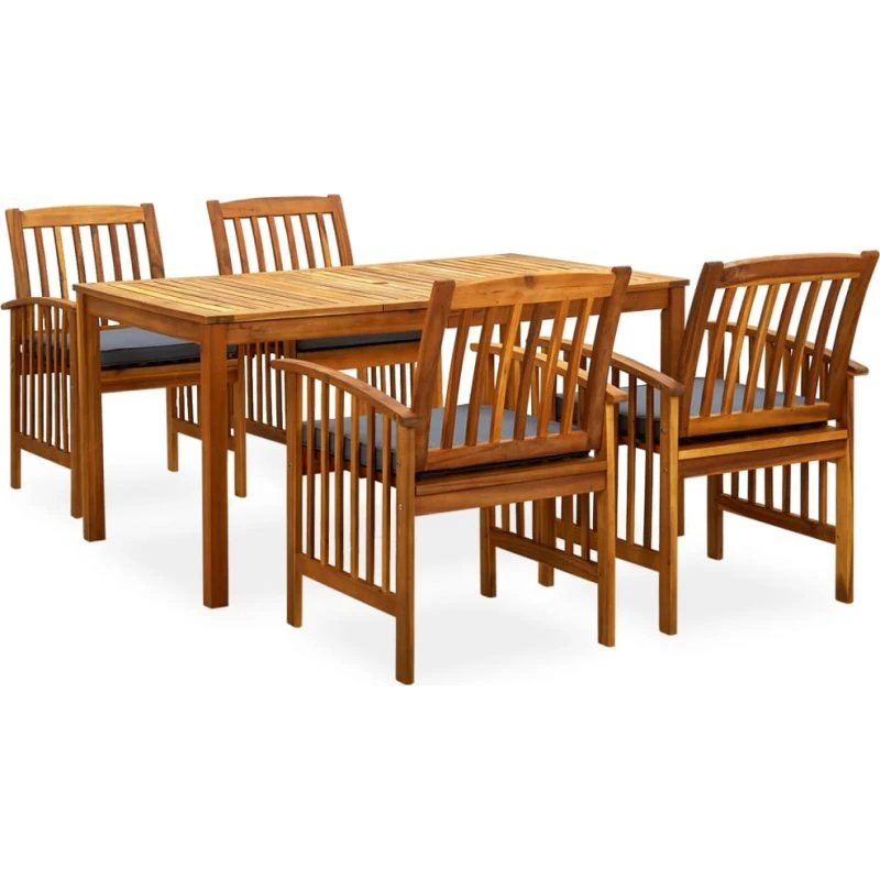 Spisebordssæt i massiv akacietræ 5 dele med hynder
