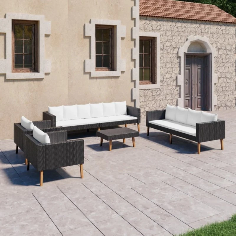 Loungesæt i polyrattan 5 dele med hynder - sort