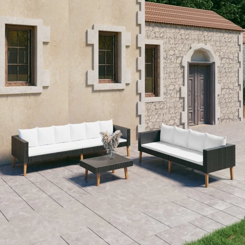 Loungesæt til haven 3 dele i sort polyrattan med hynder