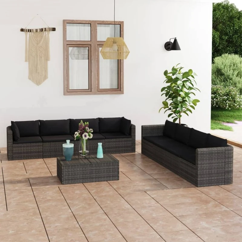 Loungesæt polyrattan 9 dele med hynder – grå