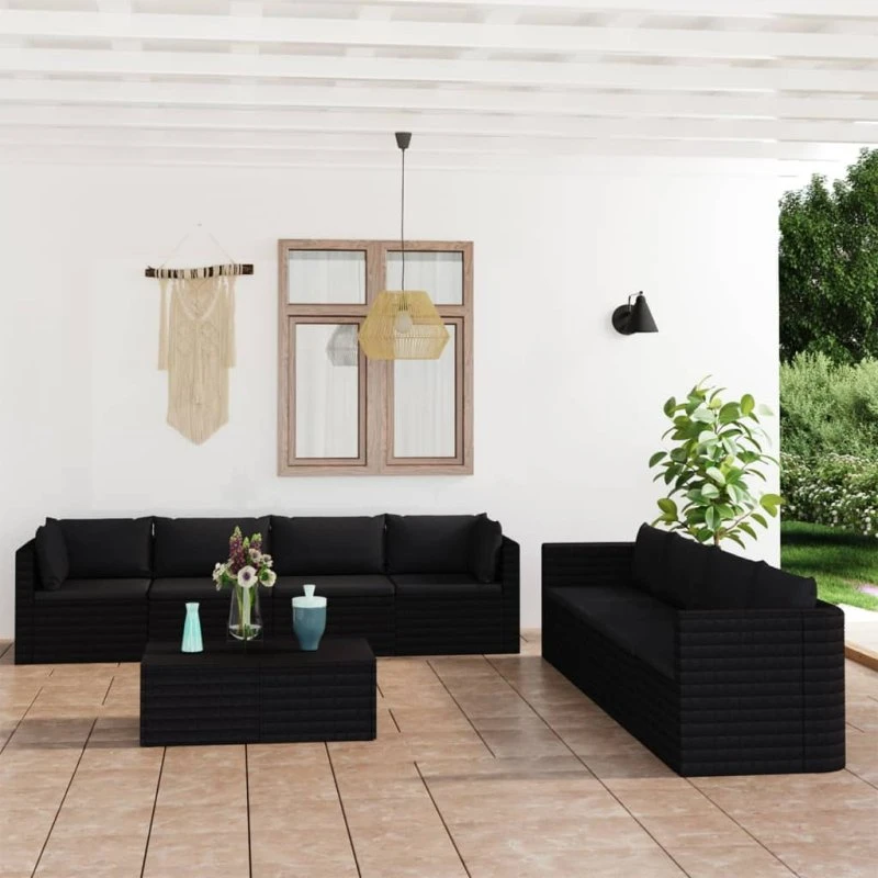Loungesæt til haven 9 dele i sort polyrattan med hynder