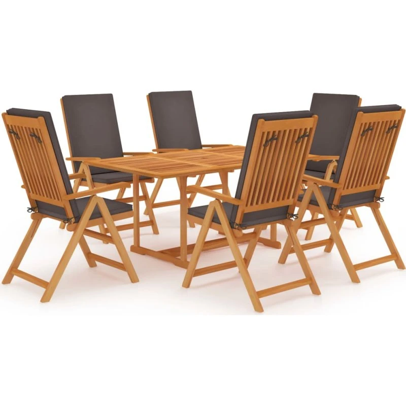 Spisebordssæt 7 dele i massivt teak med grå hynder