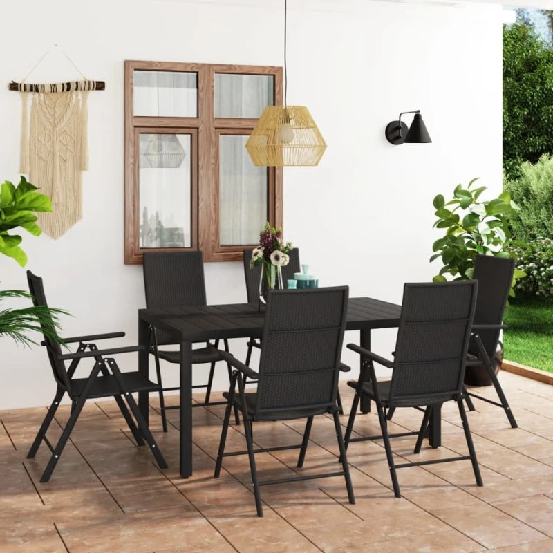 Havestel 7 dele i polyrattan og WPC – sort