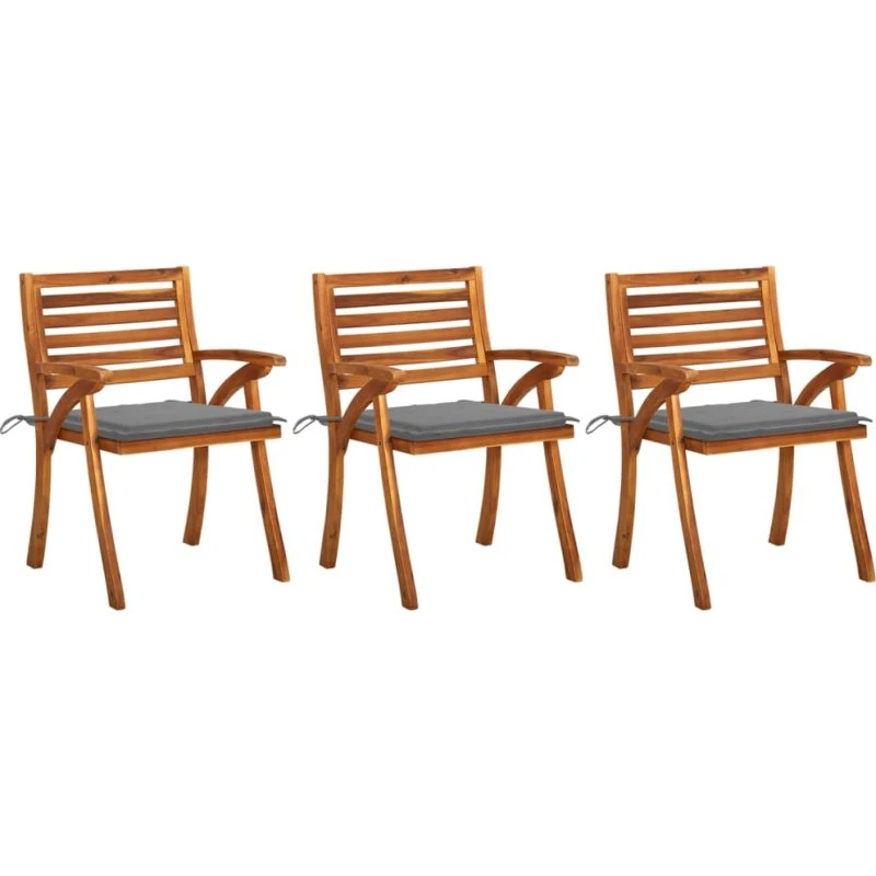 Havestole 3 stk. i massivt akacietræ med grå hynder