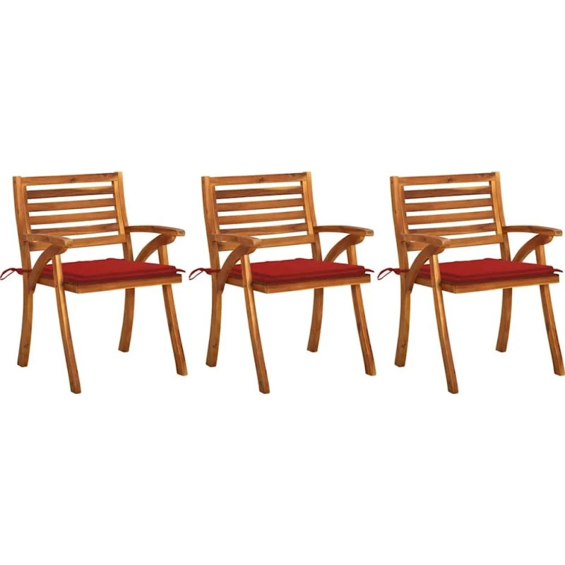 Havestole 3 stk. i massivt akacietræ med røde hynder