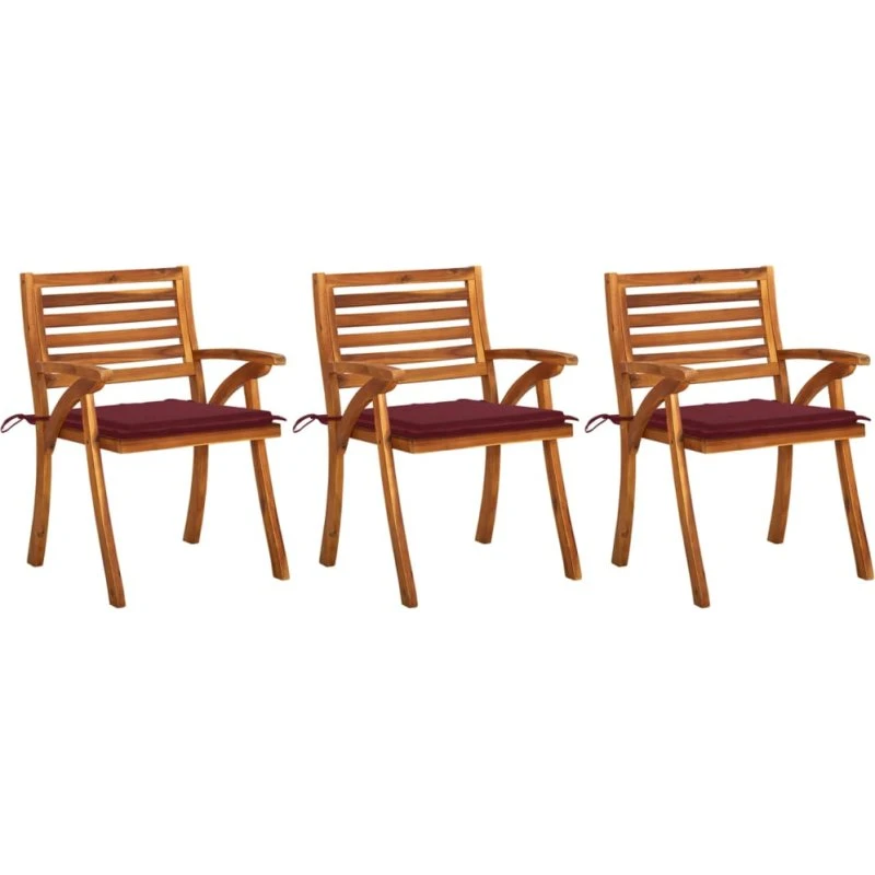 Havestole 3 stk. i massivt akacietræ med vinrøde hynder