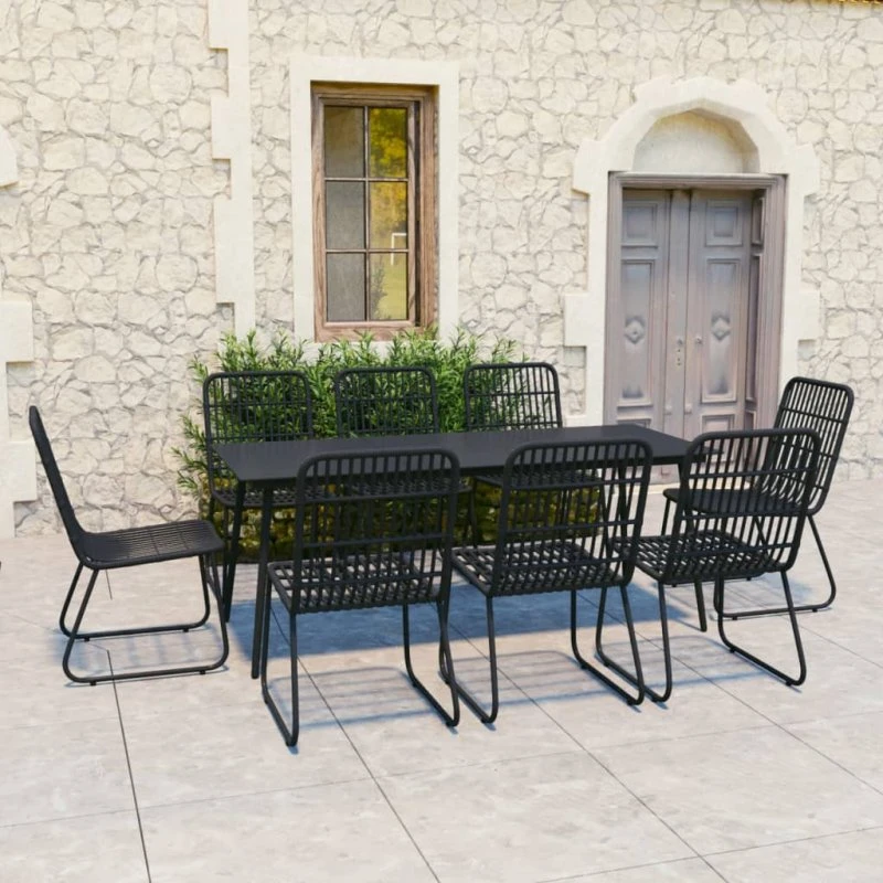 Udendørs spisebordssæt 9 dele – sort polyrattan & glas