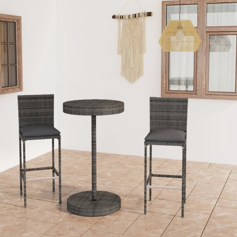 Barsæt 3 dele med hynder - polyrattan grå