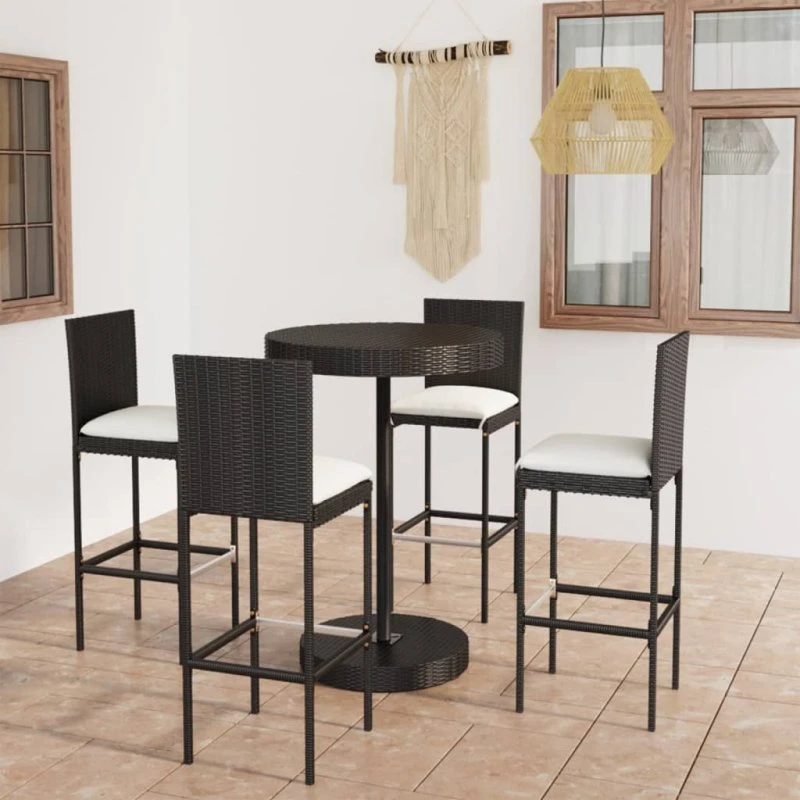 Barsæt til have 5 dele i sort polyrattan med hynder
