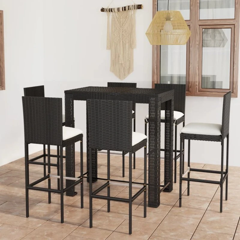 Udendørs barsæt 7 dele i sort polyrattan med hynder