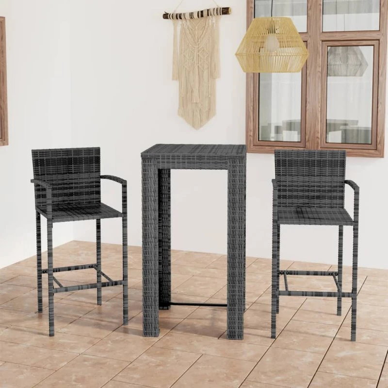 Udendørs barsæt 3 dele i grå polyrattan med armlæn
