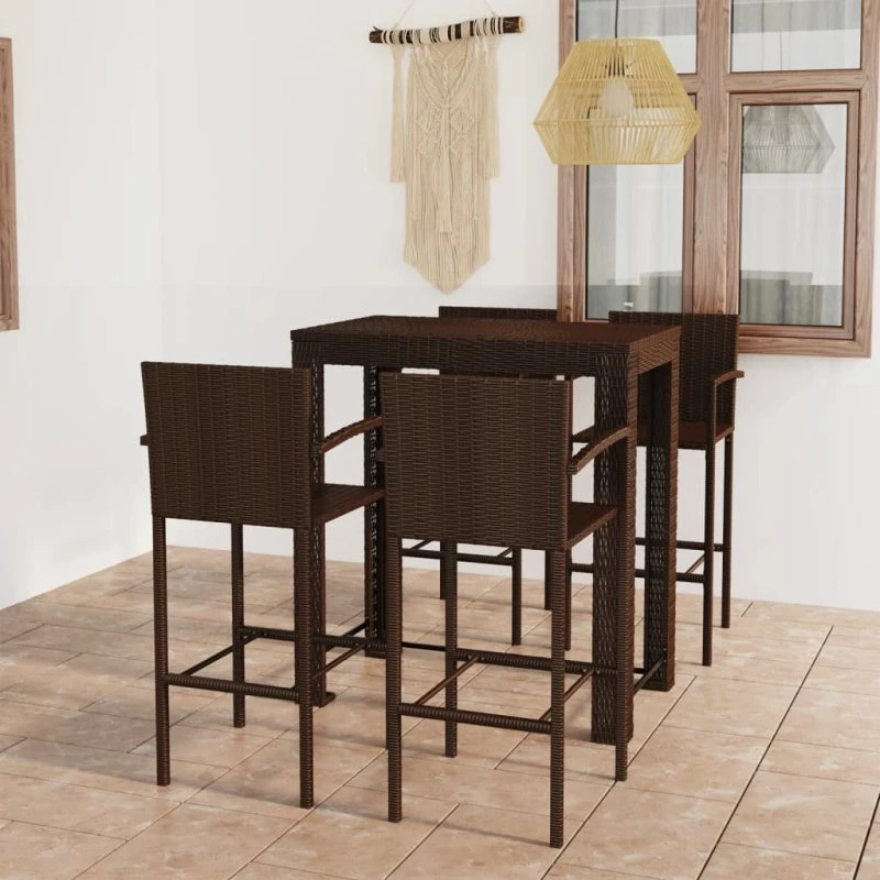 Udendørs barsæt 5 dele i brun polyrattan med armlæn