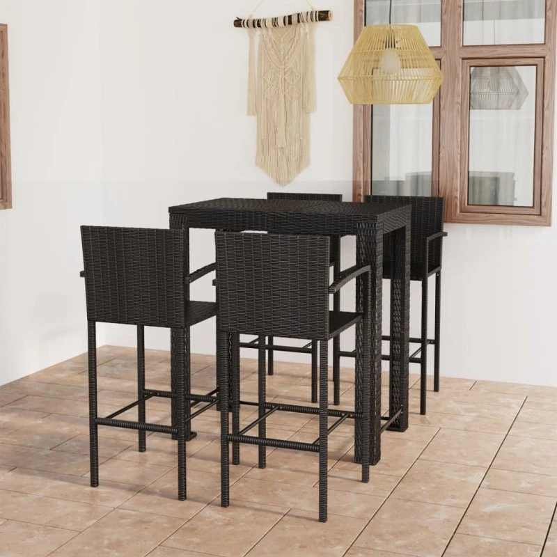 Udendørs barsæt 5 dele i sort polyrattan