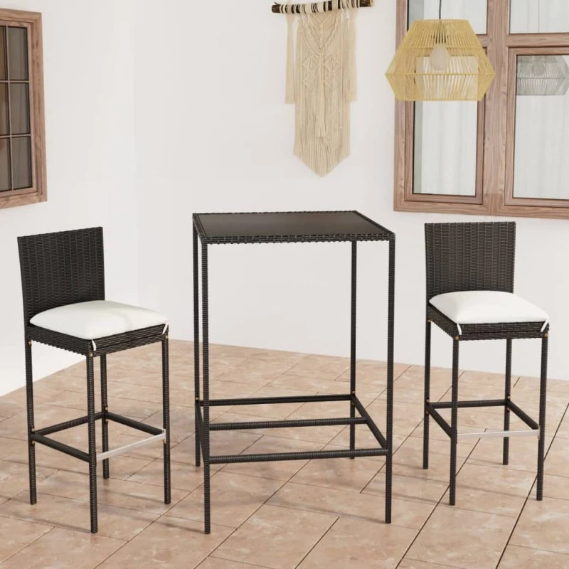 Barsæt til haven 3 dele i sort polyrattan med hynder