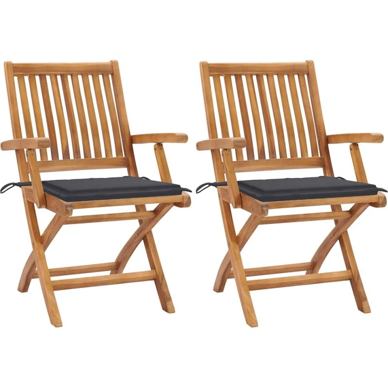 Havestole i massiv teak 2 stk med antracitgrå hynder