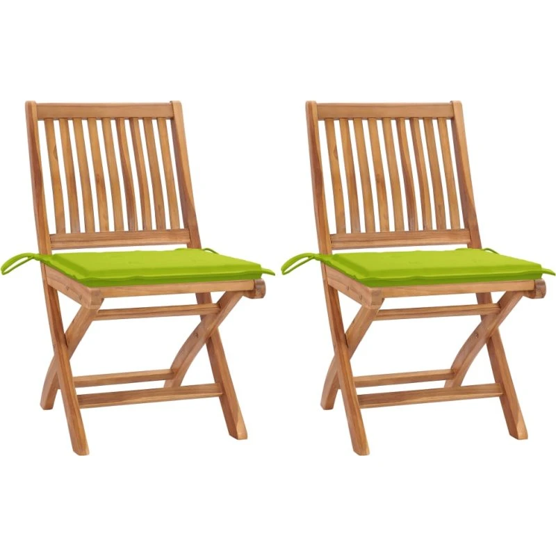Havestole i massivt teak med lysegrønne hynder, 2 stk