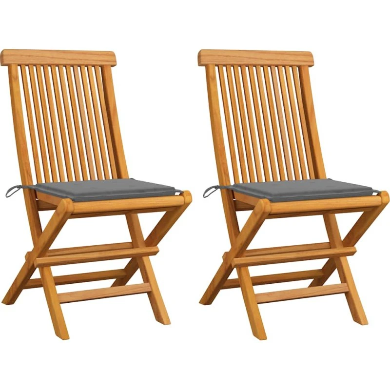 Foldbare havestole i massivt teak med grå hynder, 2 stk