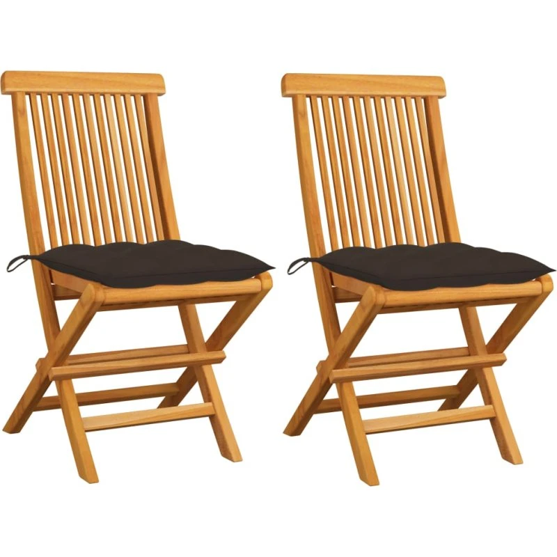 Foldbare havestole i massivt teak med gråbrune hynder (2 stk)