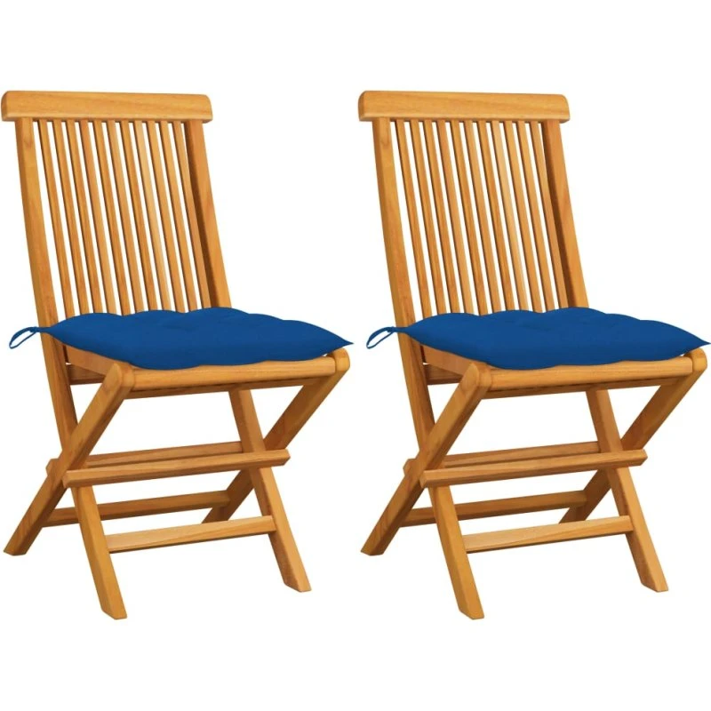 Havestole i massivt teak med blå hynder, 2 stk