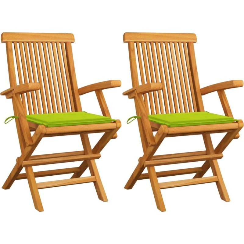 2x Havestole i massivt teak med lysegrønne hynder