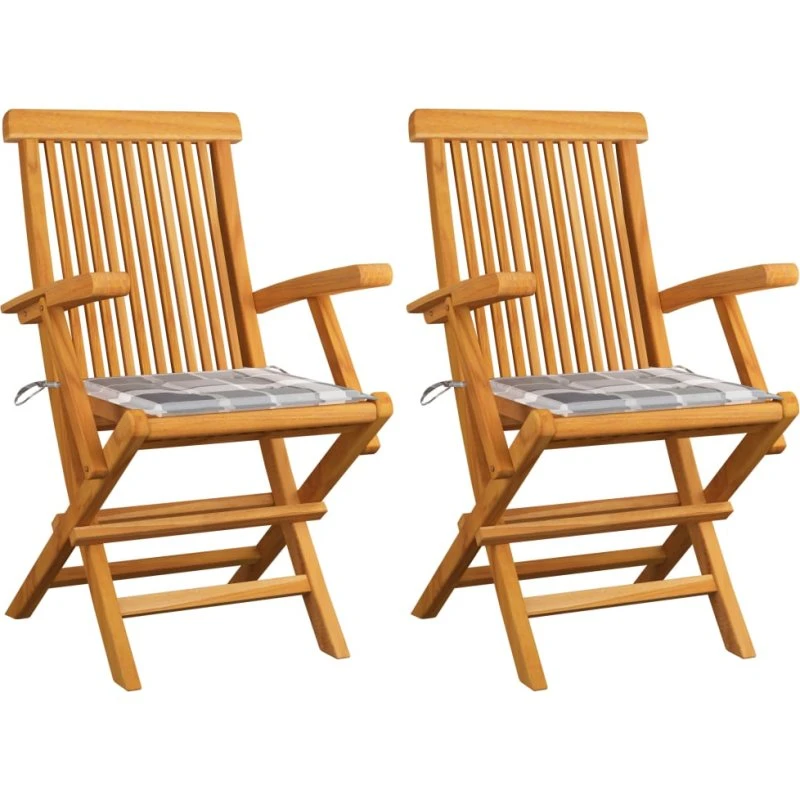 Havestole i massiv teak 2 stk. med grå ternet hynde