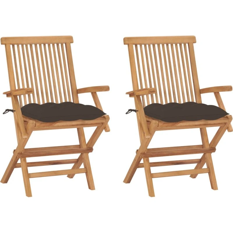 2 havestole i massivt teak med gråbrune hynder