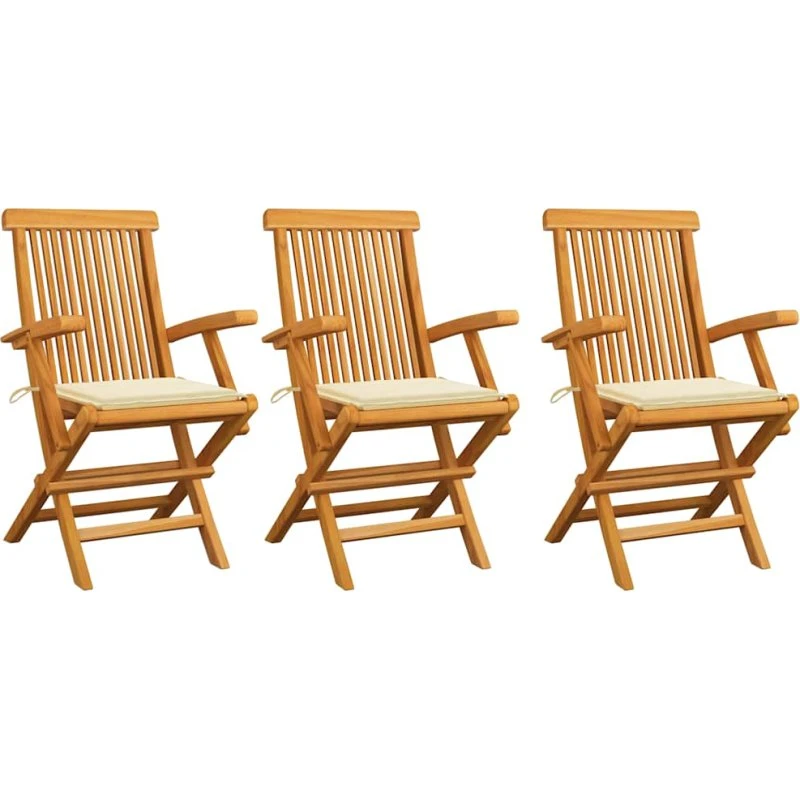 Havestole i massivt teak 3 stk. med cremefarvede hynder
