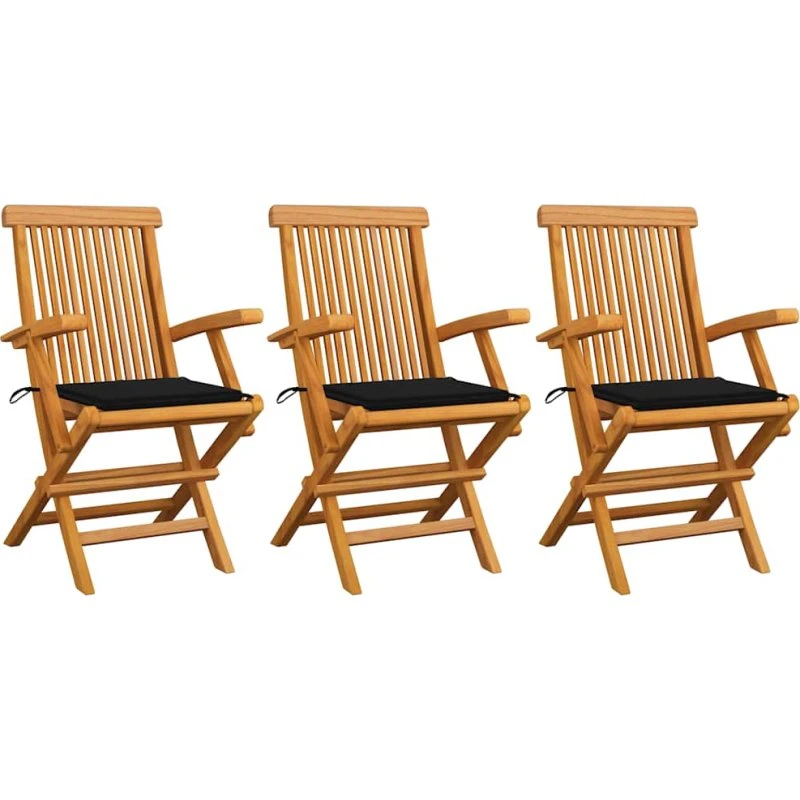 Sæt af 3 havestole i massivt teak med sorte hynder