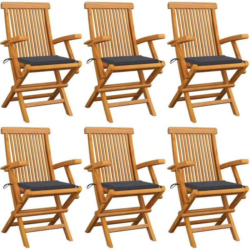 Sæt på 6 teak havestole med antracitgrå hynder