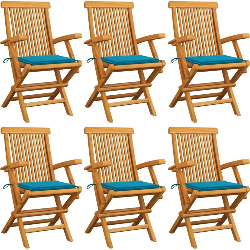 Havestole i massivt teak med blå hynder, 6 stk