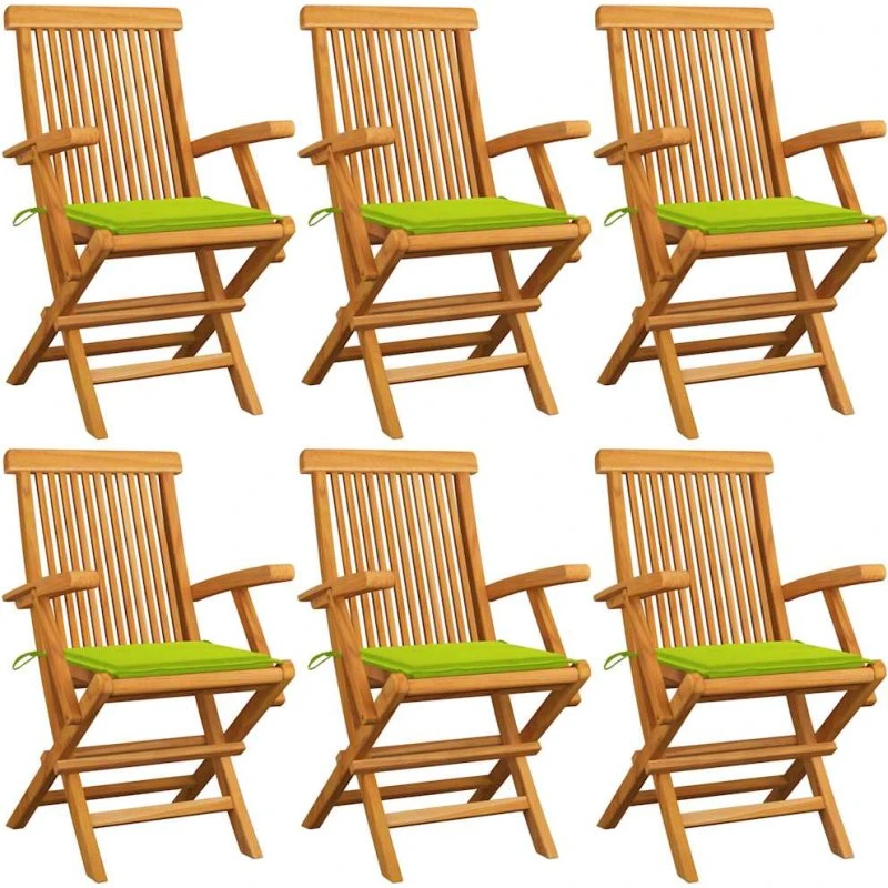 6 havestole i massivt teak med lysegrønne hynder