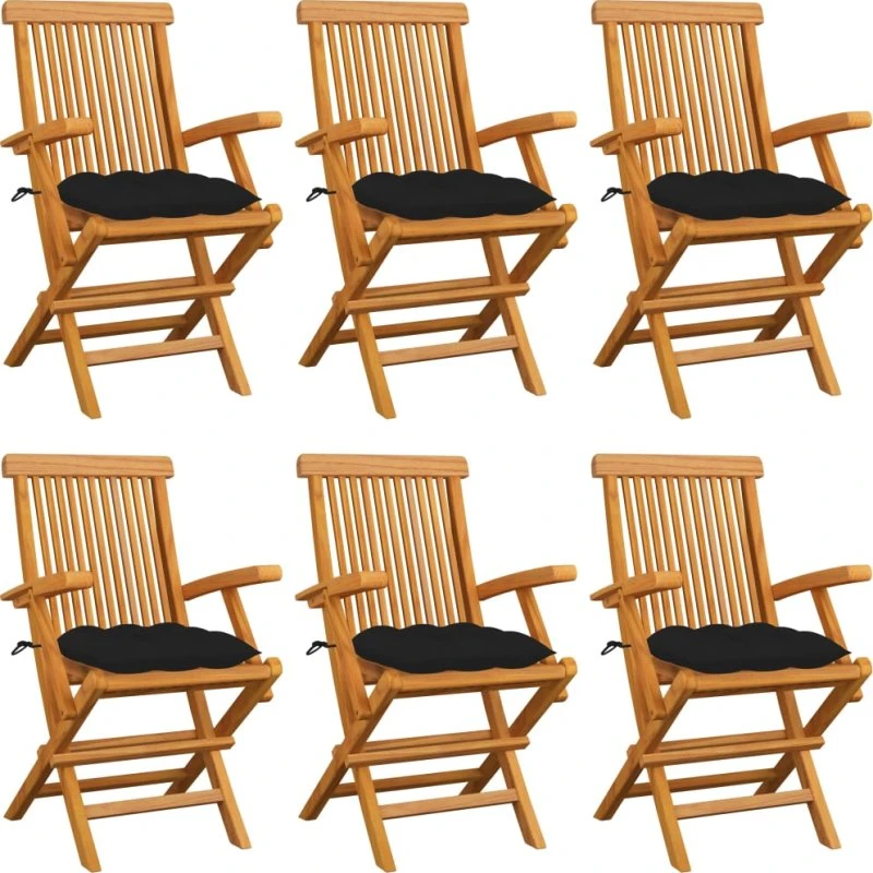 Sæt på 6 havestole i massivt teak med sorte hynder