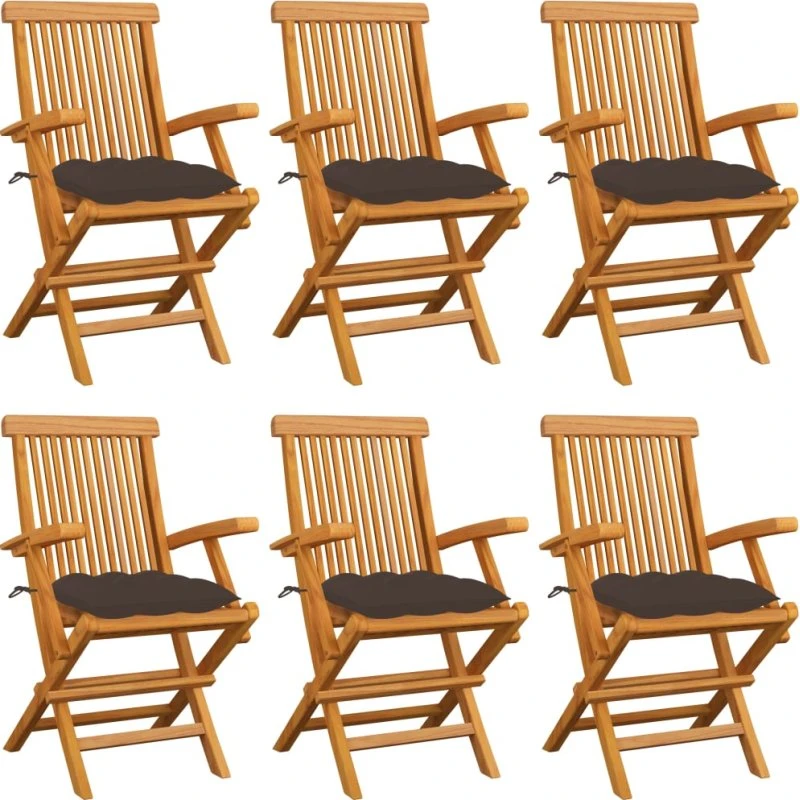 Havestole i massivt teak med gråbrune hynder, 6 stk.