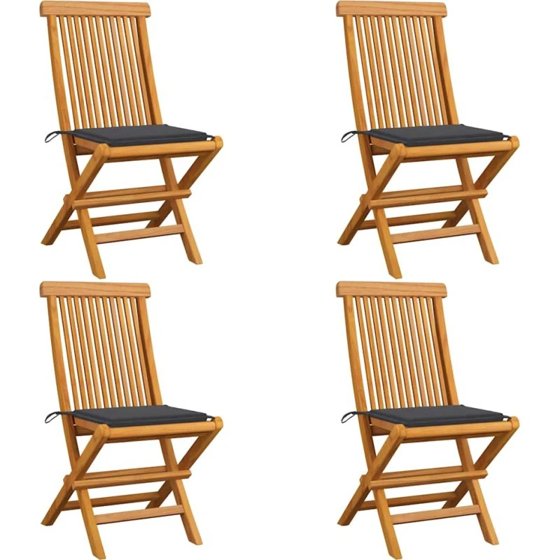 Foldbare havestole i massivt teak med antracit hynder, 4 stk