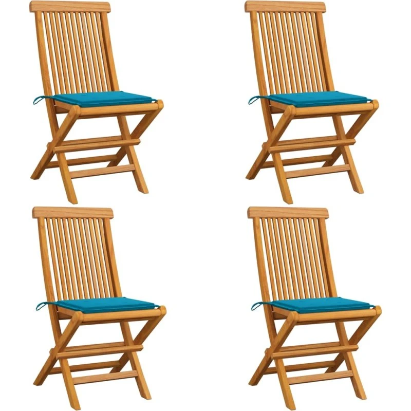 Havestole i massivt teak med blå hynder – 4 stk